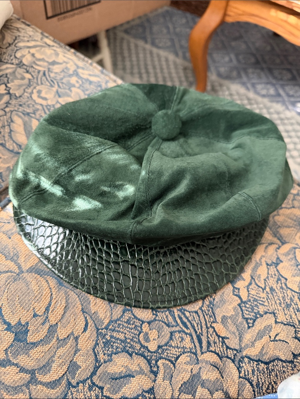 Dark Green Velvet Baker Boy Cap with Faux Croc Brim